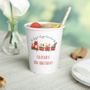 Train 2nd Birthday Watercolor Santas Party Express Paper Cups