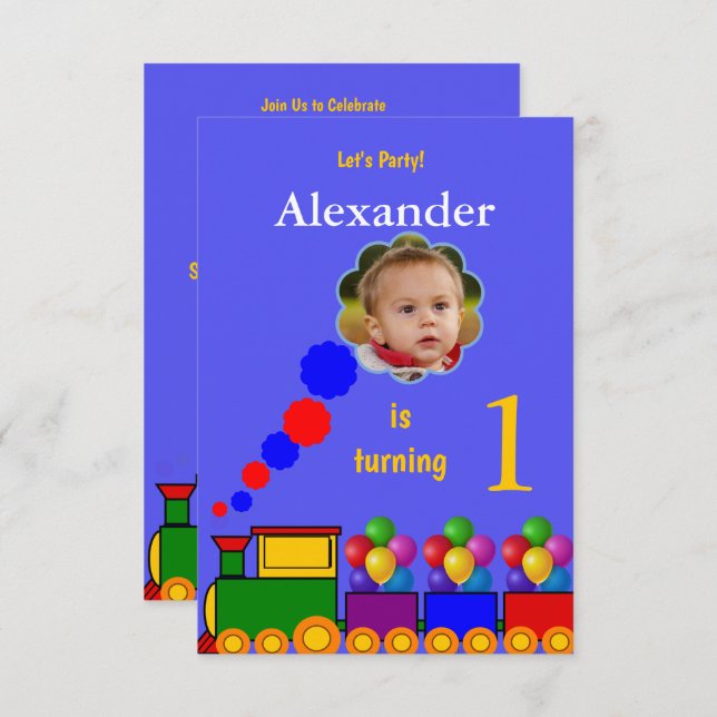 Train and balloons 1st birthday  photo invitation (Front/Back)