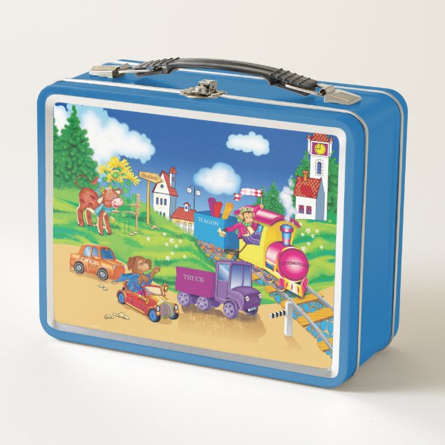 train and car for the boy metal lunch box (Front)