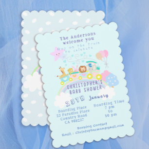 Train Animals Baby Pastel Blue Holiday Card