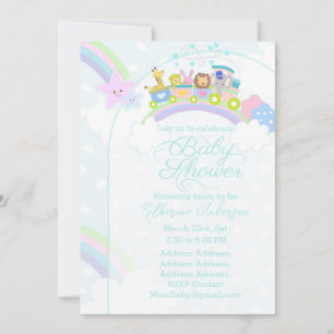 Train Animals Pastel Blue Baby Shower Holiday Card