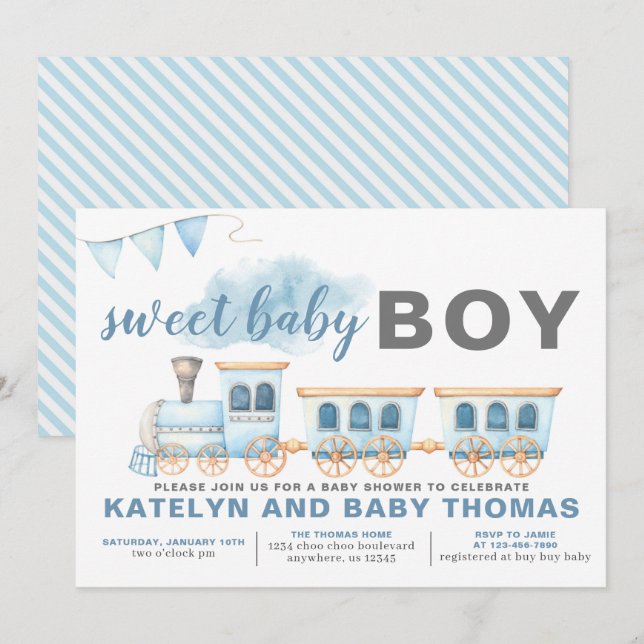Train Baby Shower Invitation Boy Transportation (Front/Back)