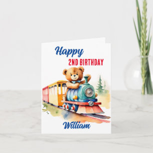 Train birthday cute teddy bear driving toy train card