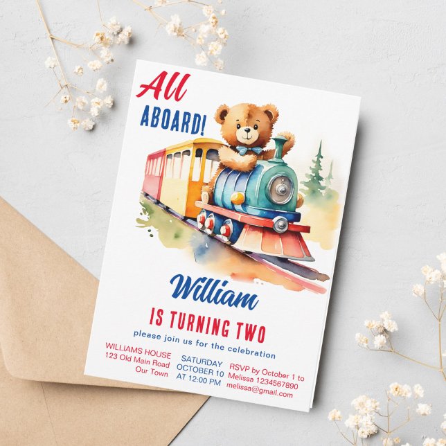 Train birthday cute teddy bear driving toy train invitation (Train toddler birthday party template invitation cute teddy bear driving a vintage toy train)
