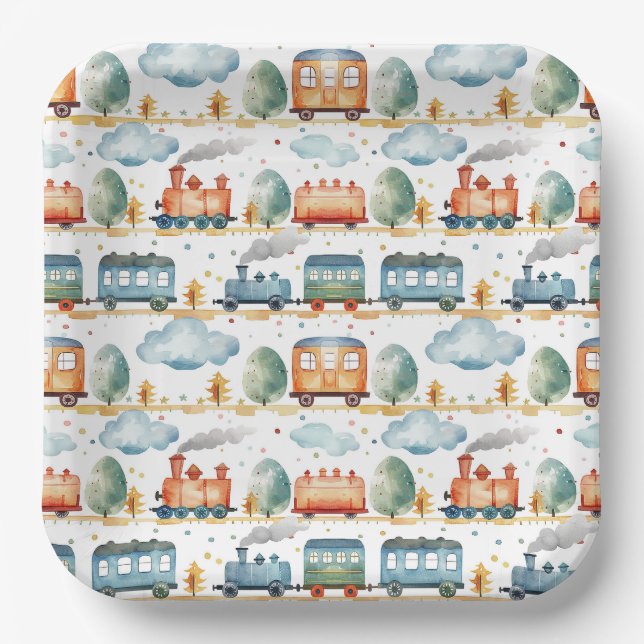 Train Birthday Party Baby Shower Watercolor Paper Plate (Front)