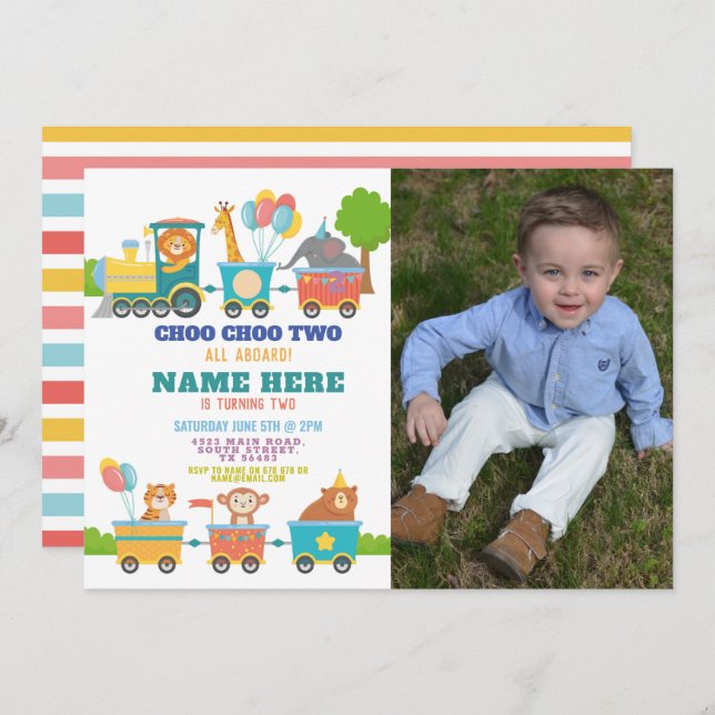 Train Birthday Party Choo Two Animal Photo Invitation (Front/Back)