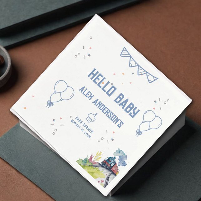 Train Blue Balloons Boy Whimsical Baby Shower Napkin (Creator Uploaded)