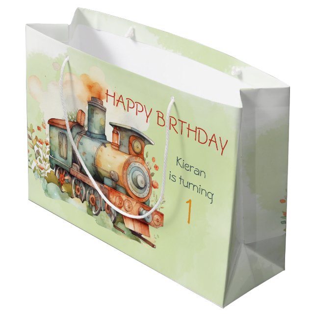 Train Engine Boy 1st. Birthday Large Gift Bag (Back Angled)