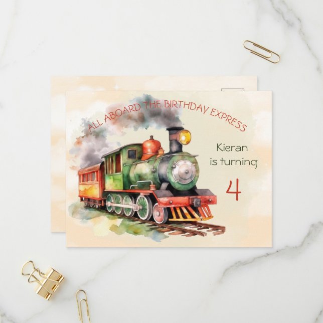 Train Engine Boy 4th Birthday Invitation postcard (Front/Back In Situ)