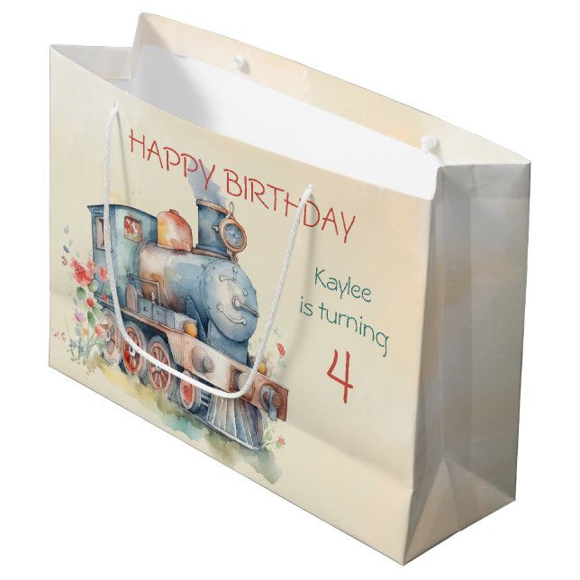 Train Engine Girl 4th Birthday  Large Gift Bag (Front Angled)