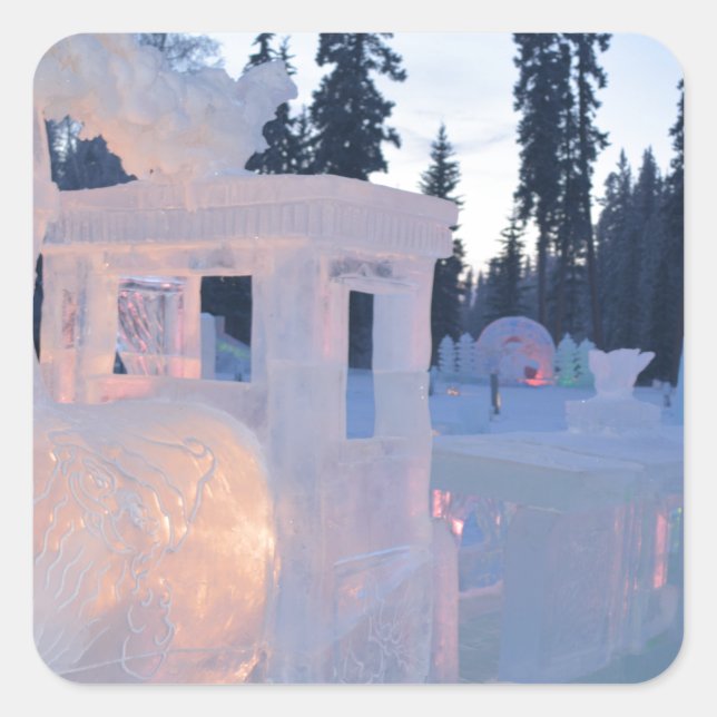 train engine Ice sculpture winter frozen snow art Square Sticker (Front)