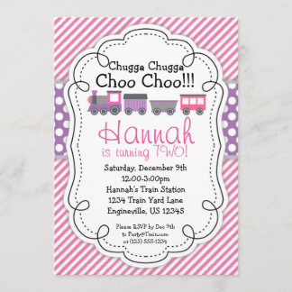 Train Engine Pink Stripe Purple Polka Dot Birthday Invitation