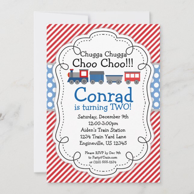 Train Engine, Red Stripes Baby Blue Polka Dot Invitation (Front)