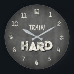 Train Hard Industrial Gym Large Clock<br><div class="desc">This bold Train Hard wall clock features a dark concrete style background that brings an industrial gym atmosphere into your space. The textured grey surface combined with elegant ivory numbers and typography creates a strong yet clean fitness-inspired design. The minimalist motivational phrase Train Hard makes this clock a perfect addition...</div>