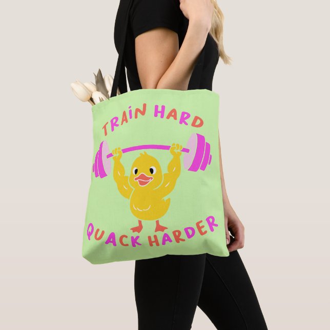 Train Hard Quack Harder Funny Duck Weightlifting  Tote Bag (Close Up)