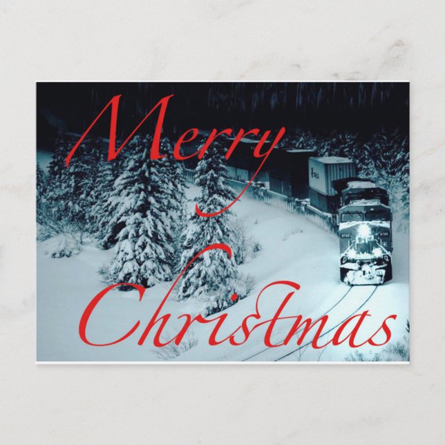 Train In Snow at night Merry Christmas Holiday Postcard (Front)