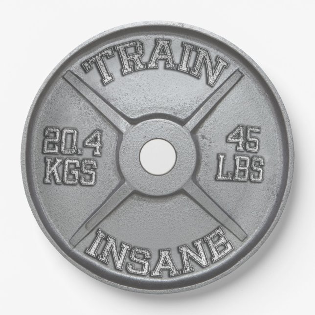 Train Insane (Barbell Plate) Workout Motivational Paper Plate (Front)