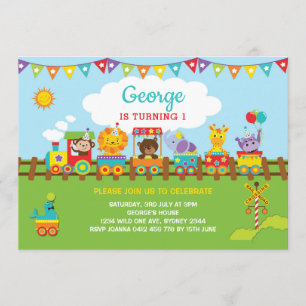 Train Jungle Animals 1st Birthday Safari Wild One Invitation