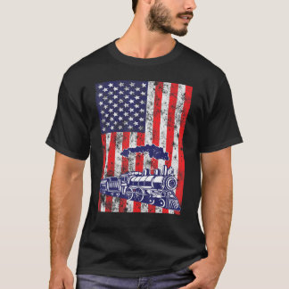 Train Locomotive Engine Usa American Flag 4th Of J T-Shirt