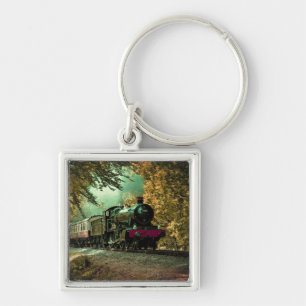 Train Locomotive Retro Vintage Fall Leaves Key Ring