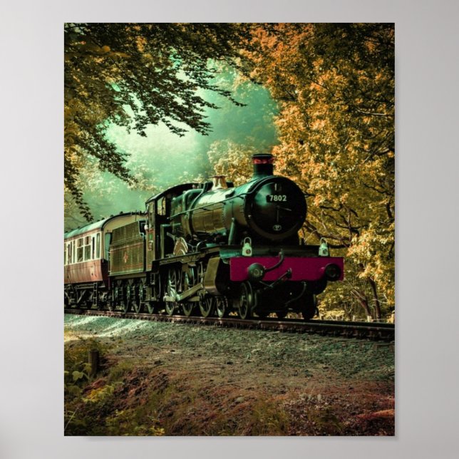 Train Locomotive Retro Vintage Fall Leaves Poster (Front)