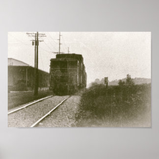 Train on Railroad Tracks Retro Locomotive Poster