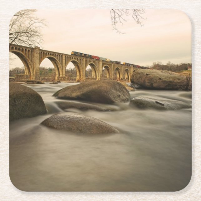 Train over James River Square Paper Coaster (Front)