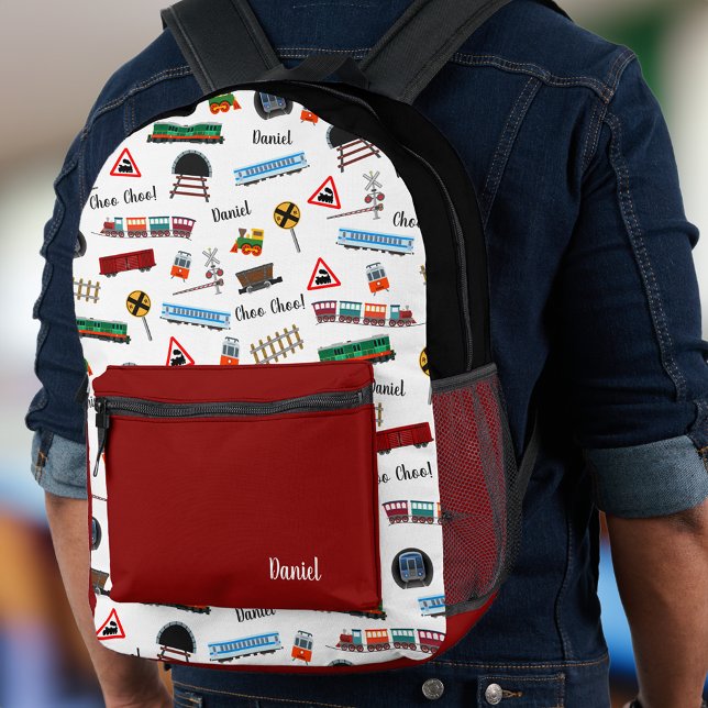 Train Pattern Little Boy First Name Choo Choo Kids Printed Backpack (Creator Uploaded)