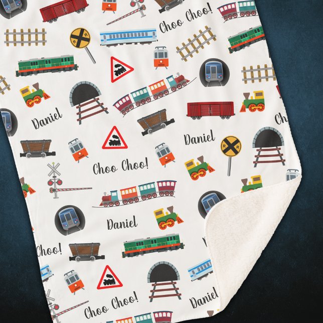 Train Pattern Little Boy First Name Choo Choo Kids Sherpa Blanket (Creator Uploaded)