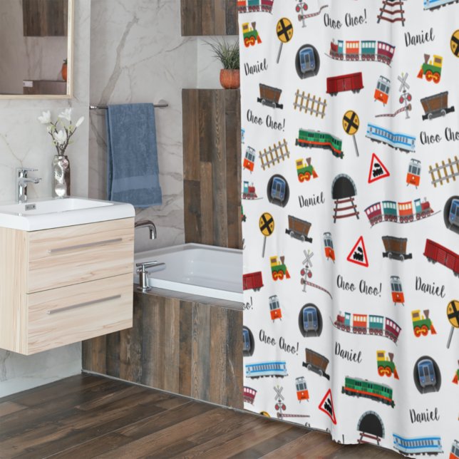 Train Pattern Little Boy First Name Choo Choo Kids Shower Curtain (Creator Uploaded)