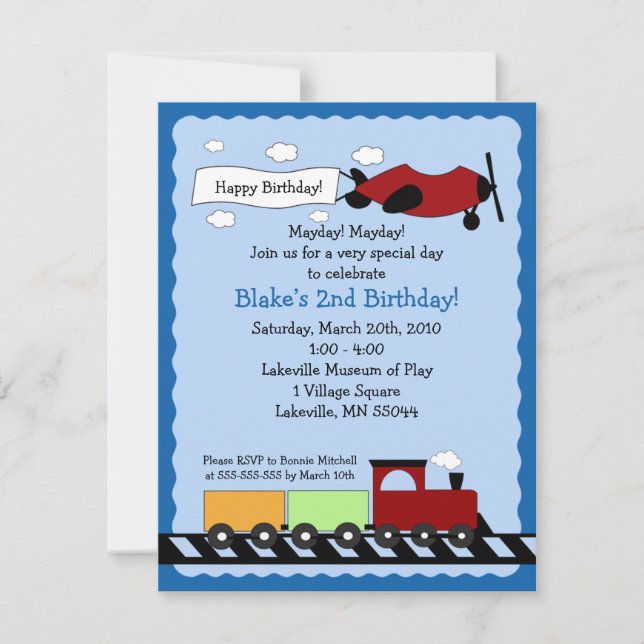 Train & Plane 4x5 cute boy birthday invitation (Front)