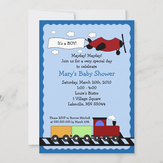Train & Plane 5x7 cute boy baby shower invitation (Front)