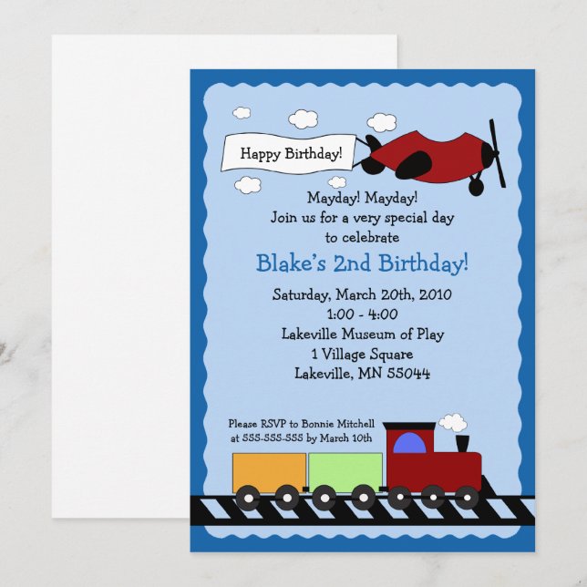 Train & Plane 5x7 cute boy birthday invitation (Front/Back)