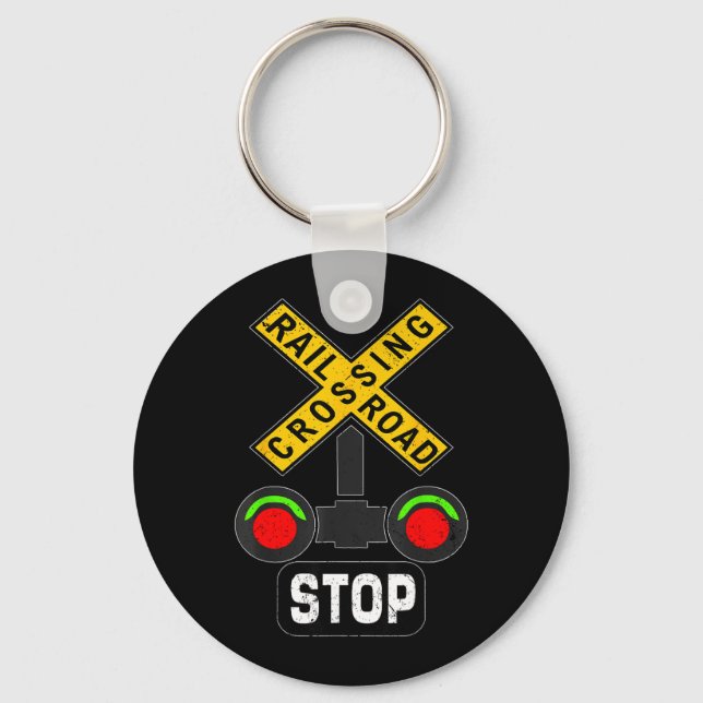 Train Railroad Crossing Lights Funny Traffic Signs Key Ring (Front)