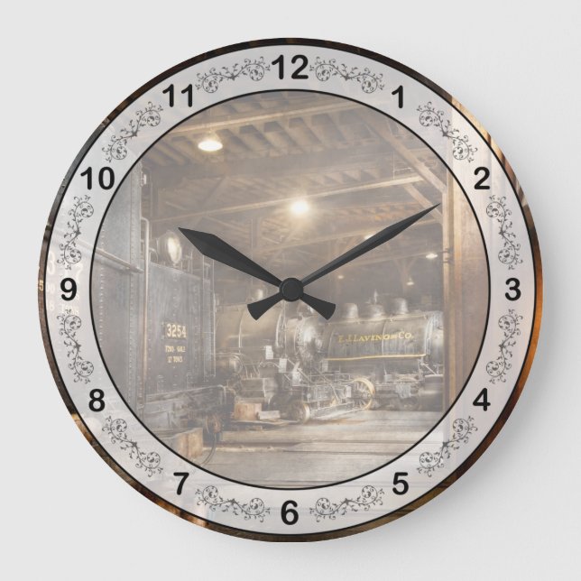 Train - Ready in the roundhouse Large Clock (Front)