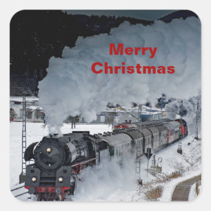Train Steam Locomotive Snow Photo Christmas Square Sticker