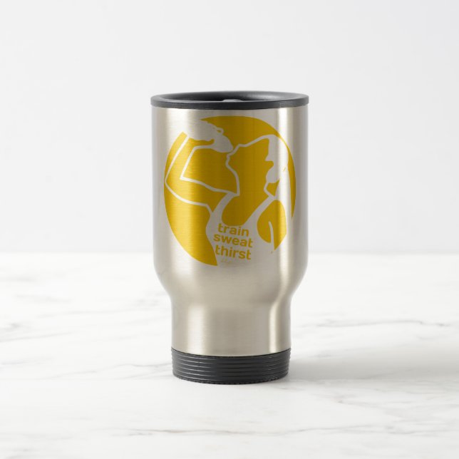 TRAIN SWEAT THIRST (F) yellow Travel Mug (Center)