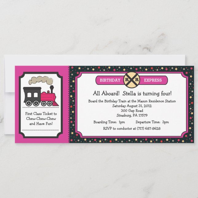 Train Ticket Birthday Party - Pink and Back Invitation (Front)