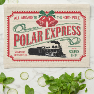 Train Ticket to North Pole a Vintage Christmas Tea Towel