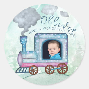 Train Water Colour Birthday photo Classic Round Sticker
