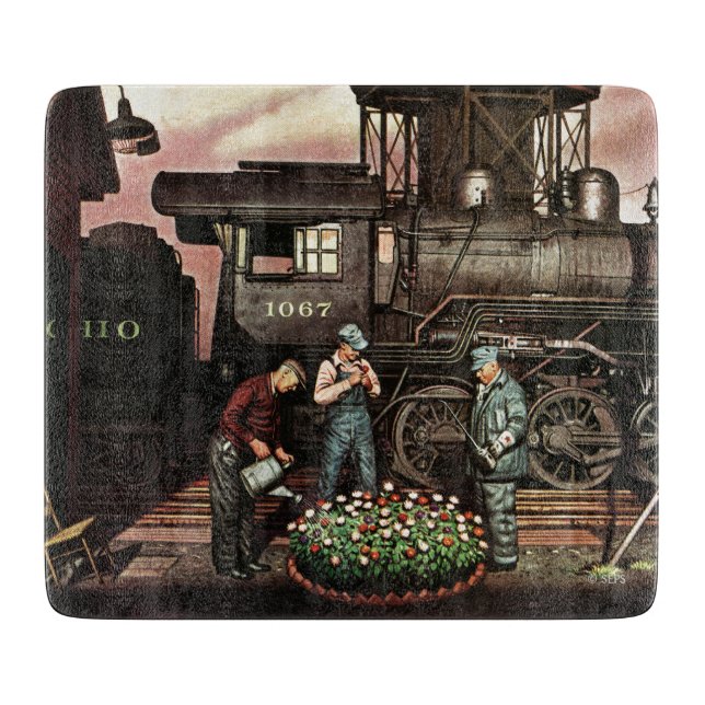 Train Yard Flower Garden by Stevan Dohanos Cutting Board (Front)