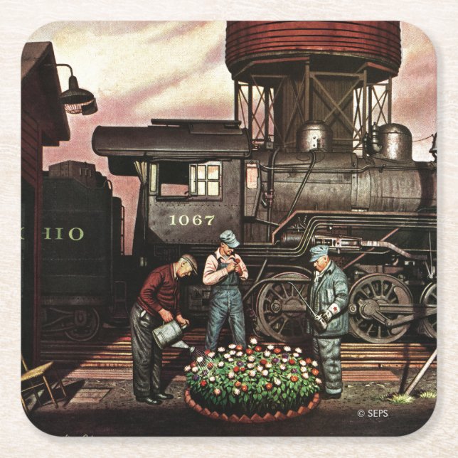Train Yard Flower Garden by Stevan Dohanos Square Paper Coaster (Front)