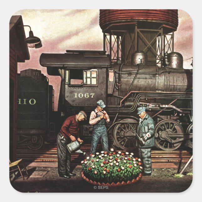 Train Yard Flower Garden by Stevan Dohanos Square Sticker (Front)