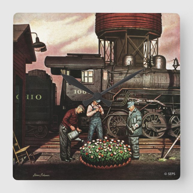 Train Yard Flower Garden by Stevan Dohanos Square Wall Clock (Front)