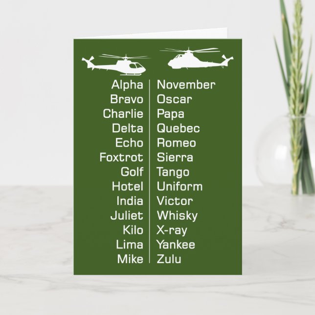 Trainee Helicopter Pilot Chopper Phonetic Alphabet Card (Front)