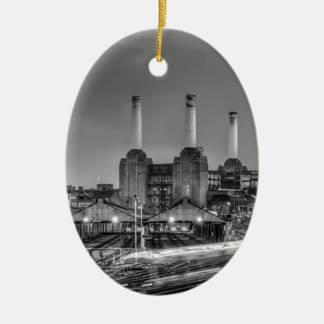 Trains pass Battersea Power Station, London Ceramic Tree Decoration (Front)