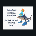 Tralalero Tralala Customisable Birthday Announcement Postcard<br><div class="desc">Make any celebration unforgettable with this hilarious Tralalero Tralala card! Featuring the brainrot meme shark rocking a party hat (and shoes, naturally), this card brings chaotic cute energy to birthdays, namedays, or any fun occasion. Customise all your party details: – Name – Age – Date – Time – Location –...</div>
