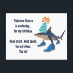 Tralalero Tralala Customisable Birthday Announcement Postcard<br><div class="desc">Make any celebration unforgettable with this hilarious Tralalero Tralala card! Featuring the brainrot meme shark rocking a party hat (and shoes, naturally), this card brings chaotic cute energy to birthdays, namedays, or any fun occasion. Customise all your party details: – Name – Age – Date – Time – Location –...</div>