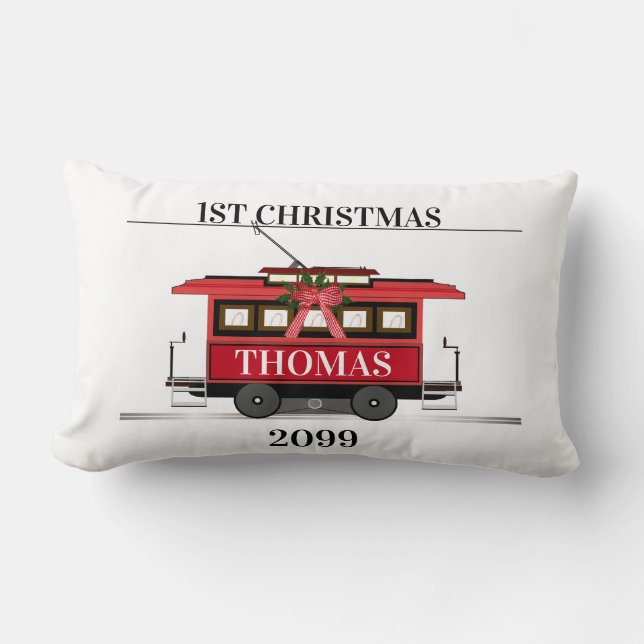 Tram Trolley Streetcar 1st Christmas Keepsake Lumbar Cushion (Front)