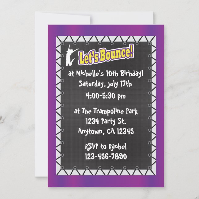 Trampoline Birthday Party Invitation Purple (Front)